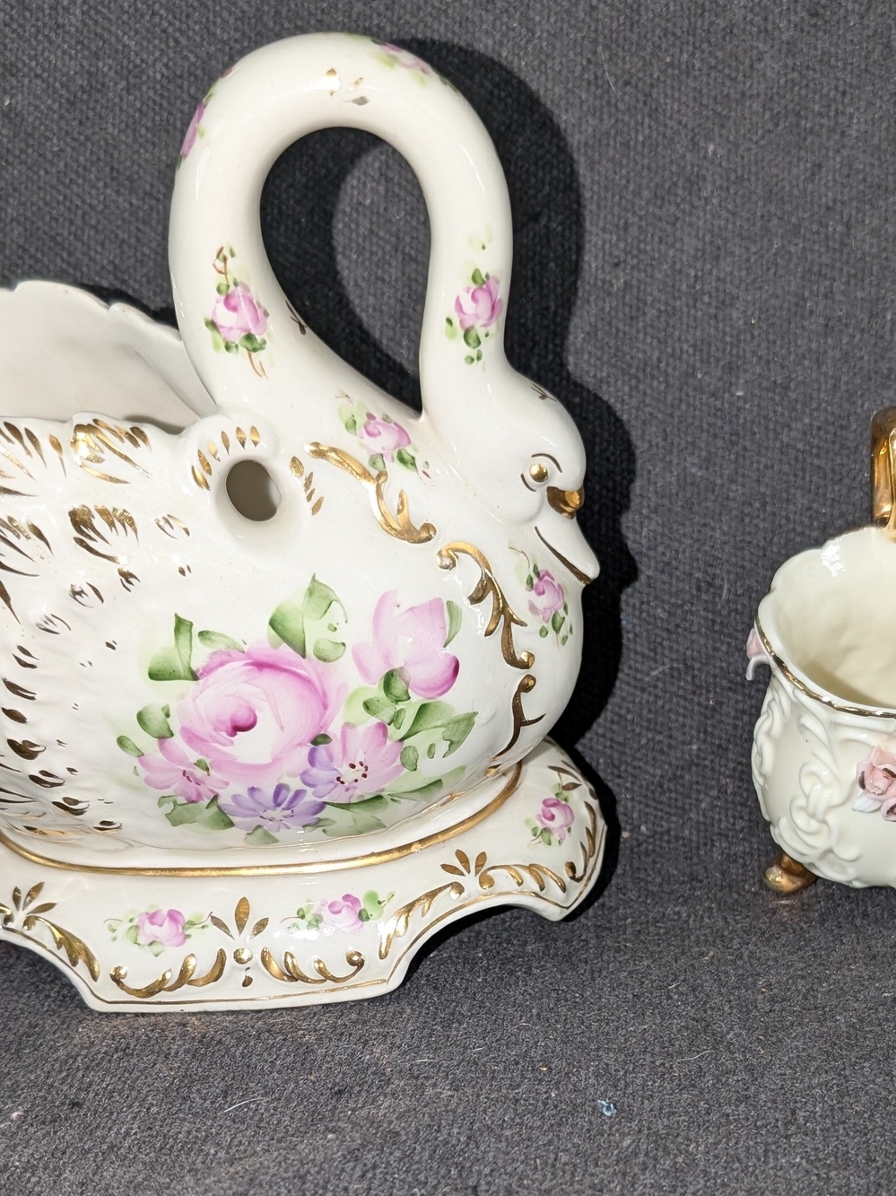 Hand-Painted White Porcelain Swan Planter with Pink Floral Accents